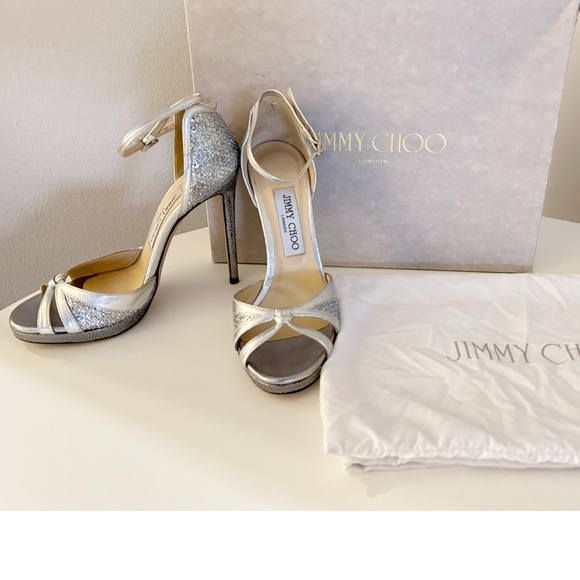 Jimmy Choo Silver Leather and Glitter Talia Strap Sandal...